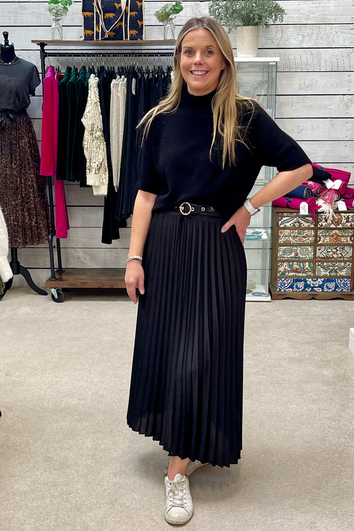 Pleated Satin Maxi Skirt | Black