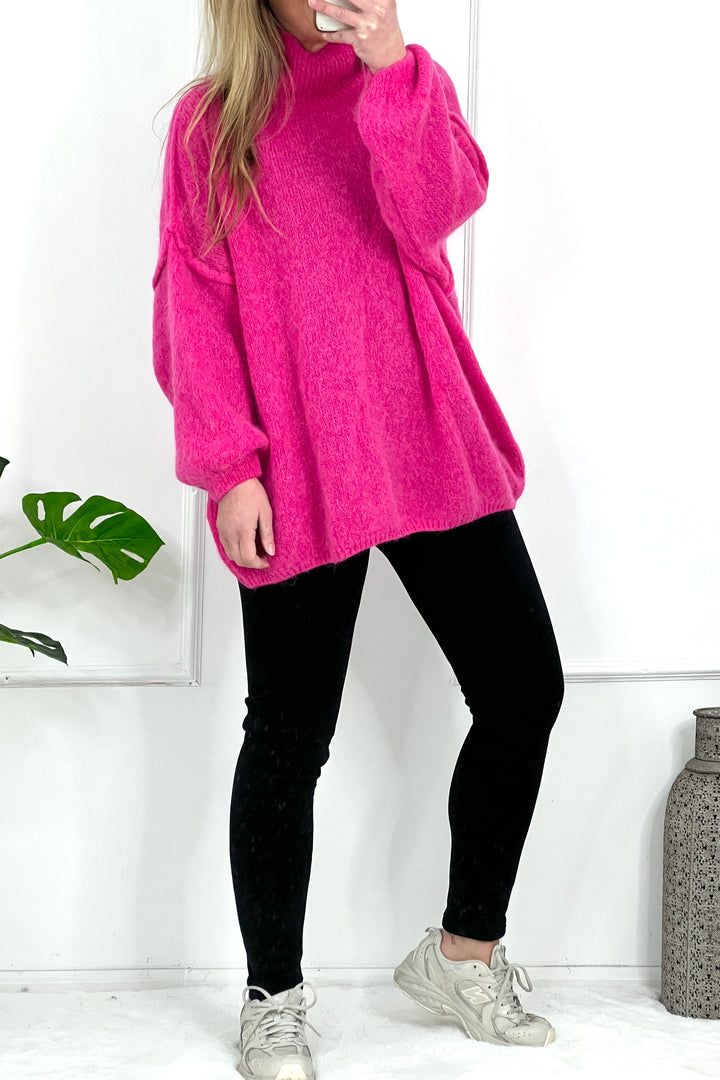 Penelope Funnel Neck Alpaca Blend Knit | Hot Pink