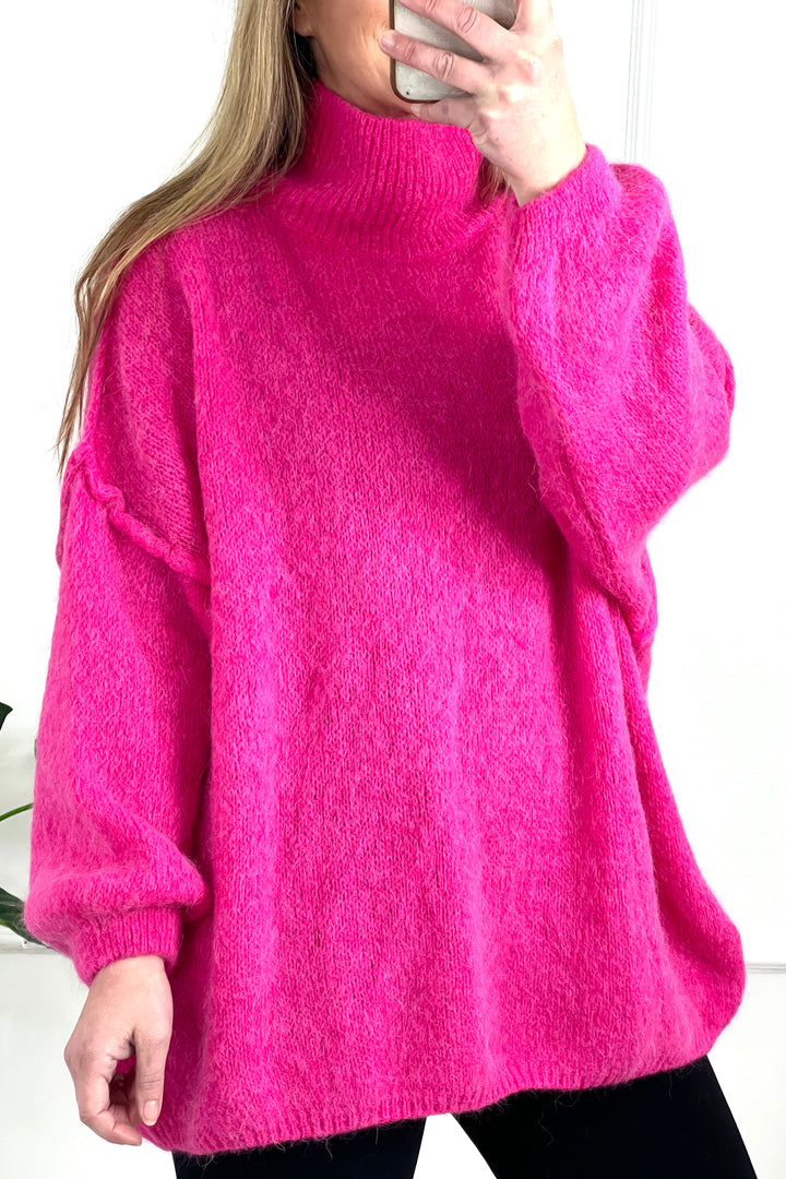 Penelope Funnel Neck Alpaca Blend Knit | Hot Pink