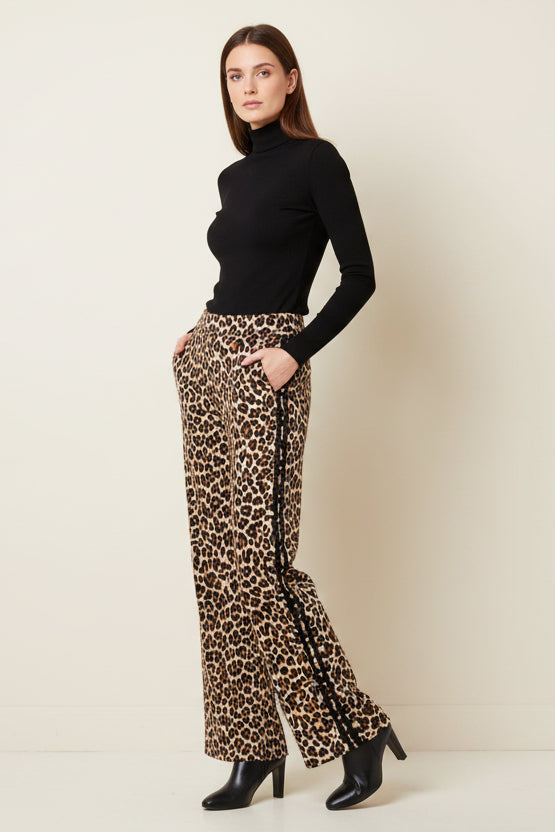 Sienna Leopard Print Side Stripe Wide Leg Joggers (Black)