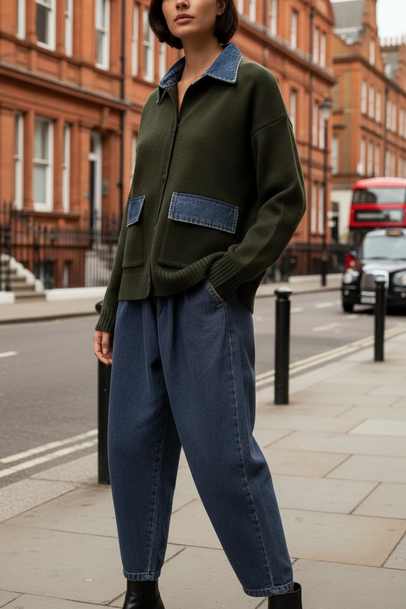 Person wearing a green shirt with blue denim accents and blue jeans on a city street.