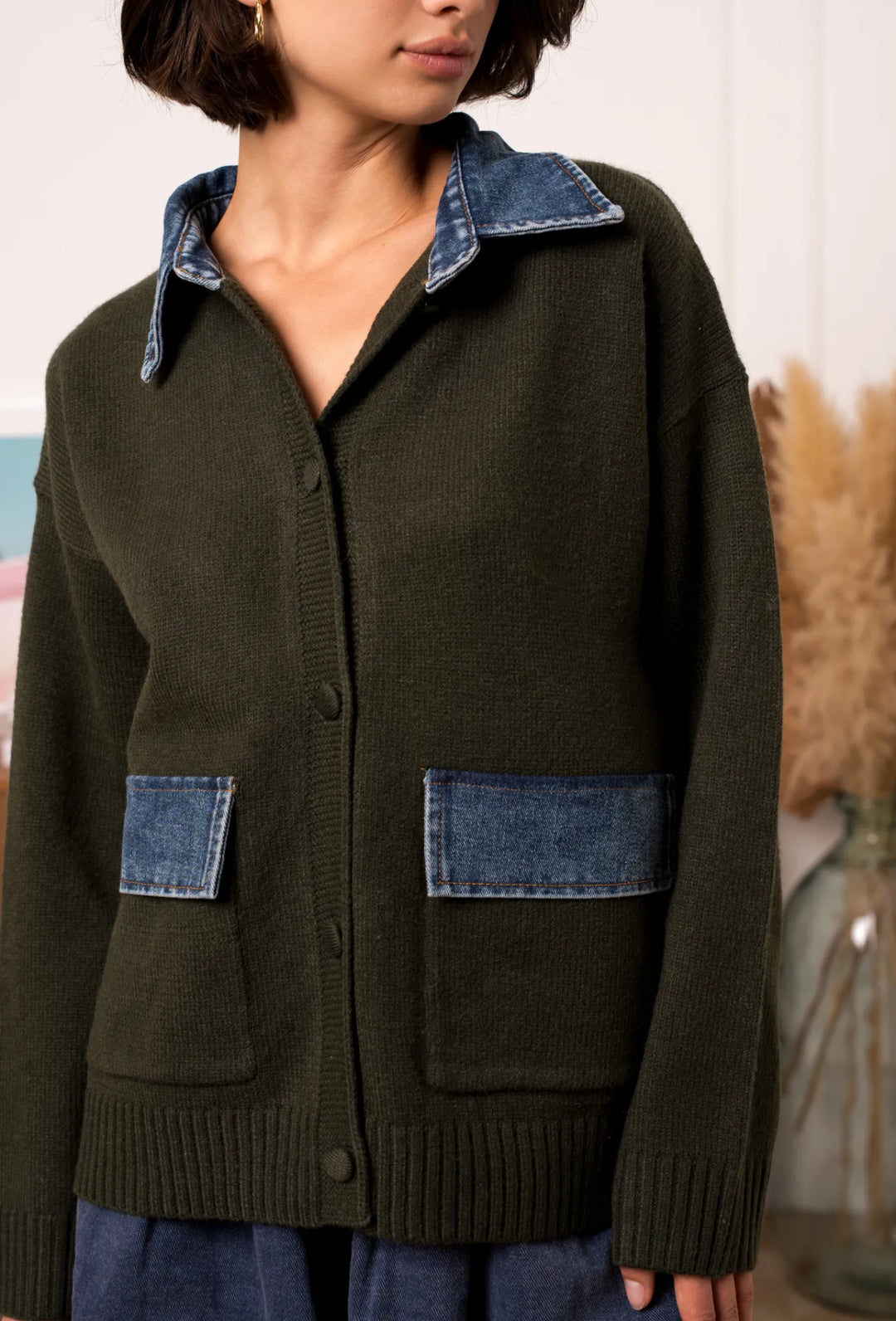 Poppy Wool Blend Denim Mix Khaki Cardigan Jacket