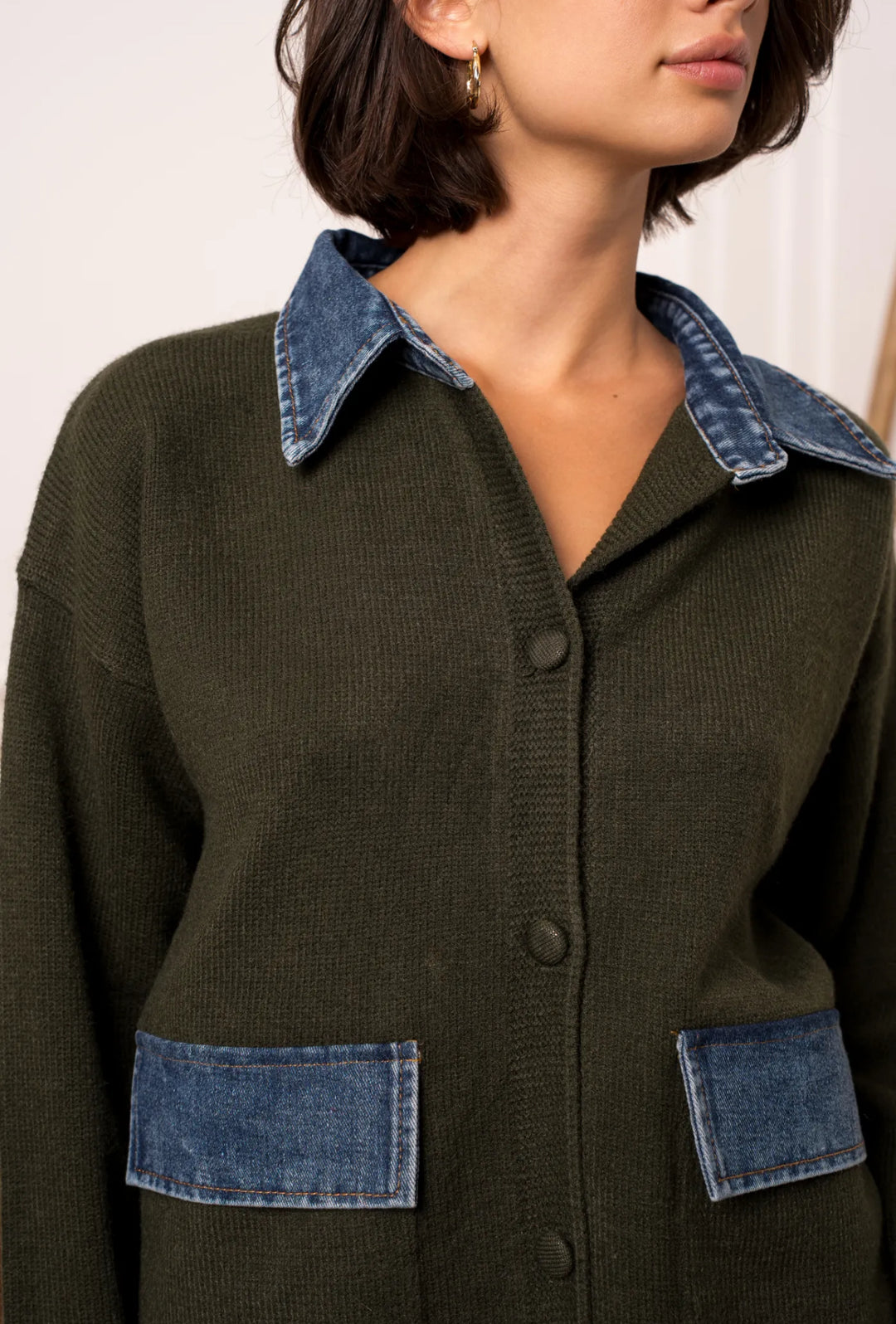 Poppy Wool Blend Denim Mix Khaki Cardigan Jacket