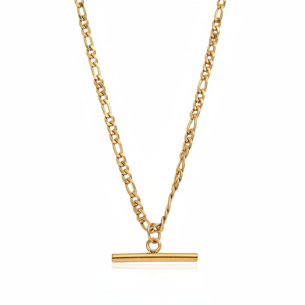 Gold chain necklace with a bar clasp on a white background