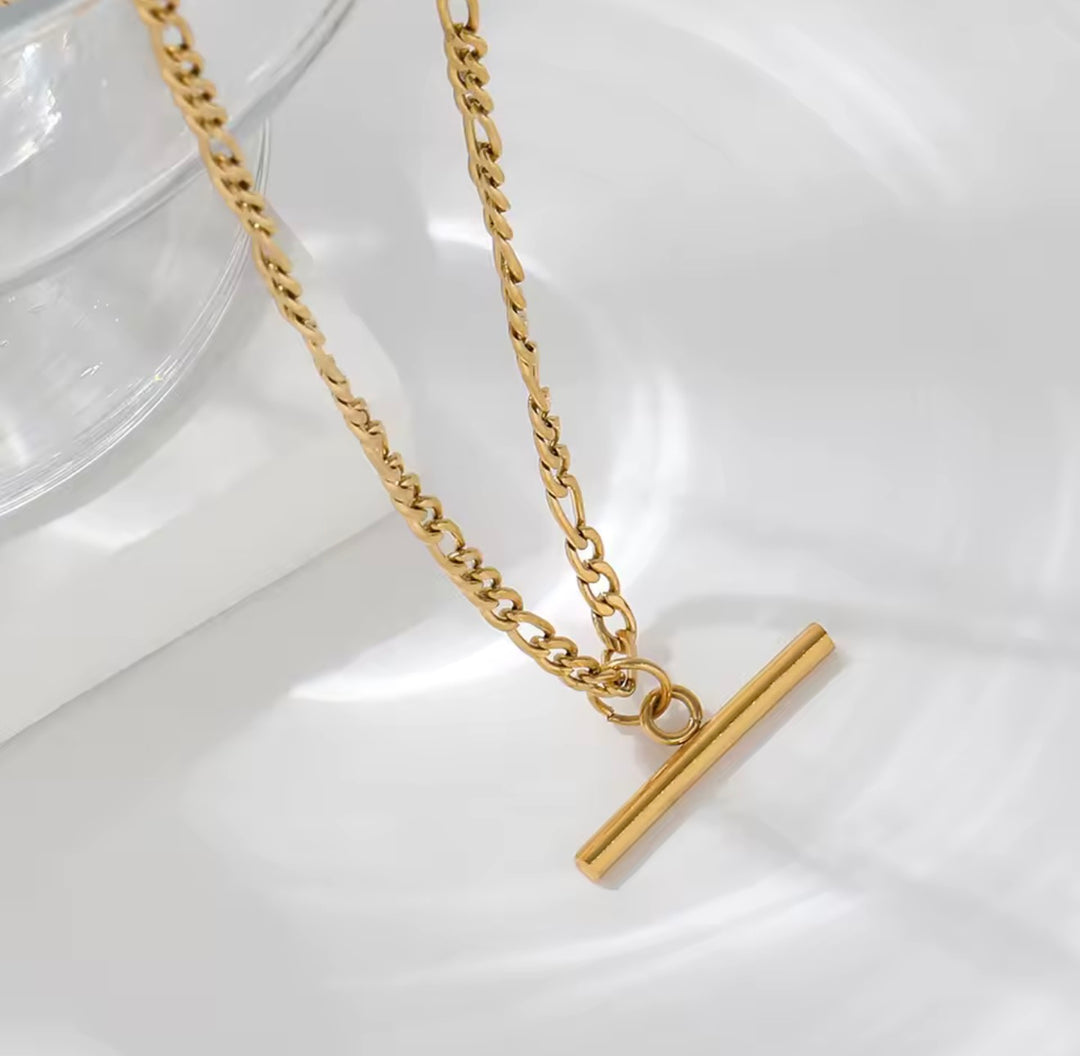 T Bar Stainless Steel Figaro Chain Necklace