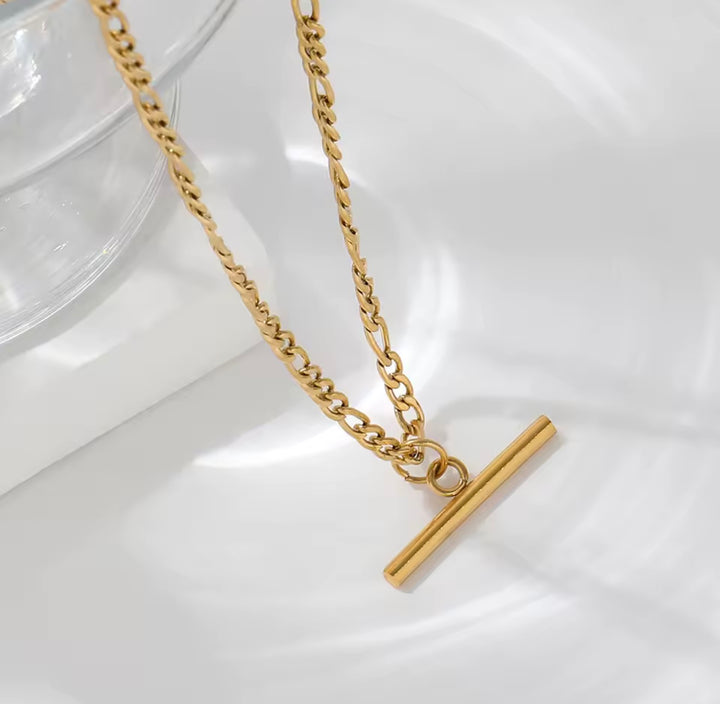 T Bar Stainless Steel Figaro Chain Necklace