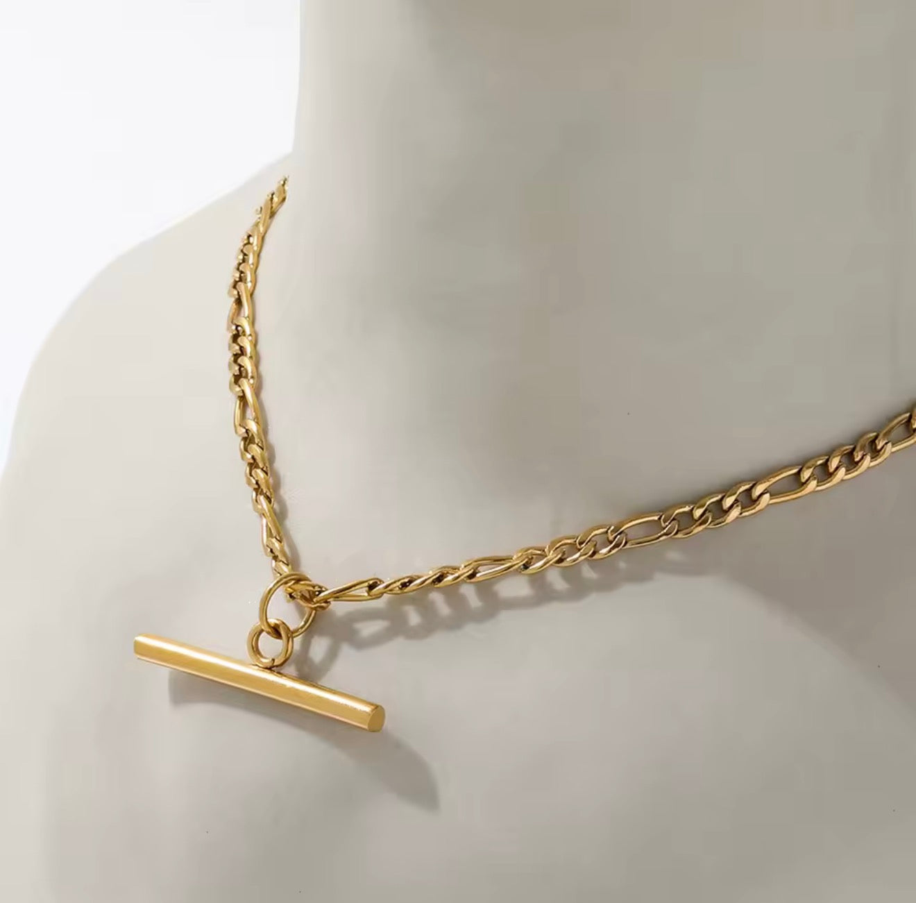 T Bar Stainless Steel Figaro Chain Necklace