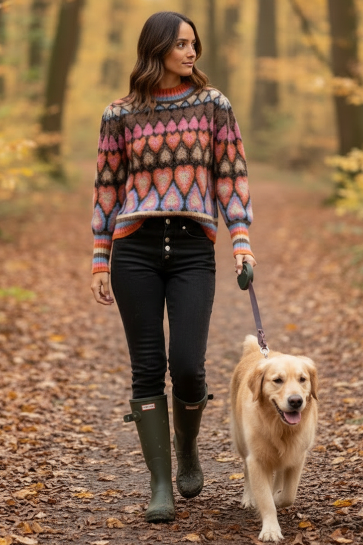 Woman wearing a colorful patterned sweater against a white wall.