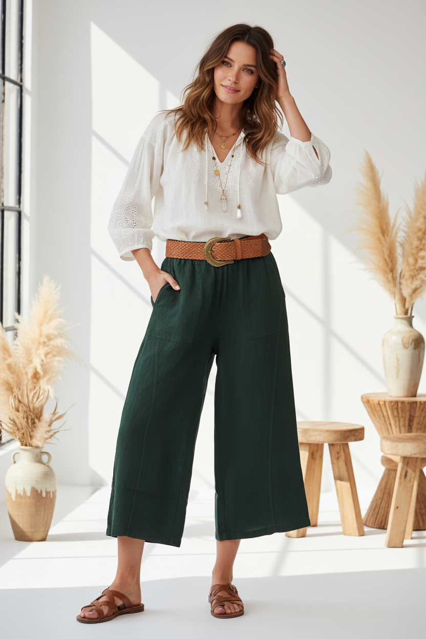 Woman wearing a white blouse and green pants in a bright room with decor elements.