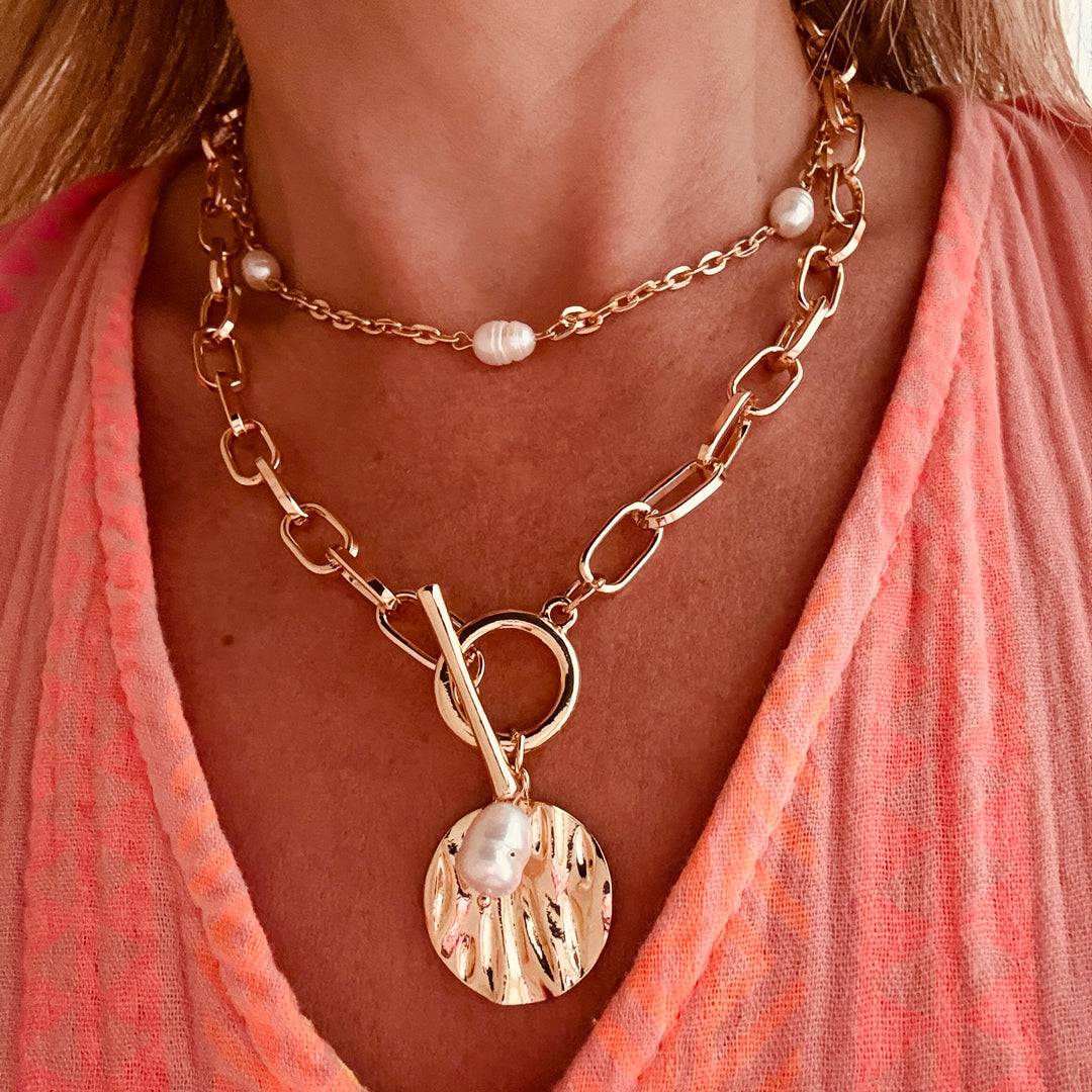 T Bar Disc & Pearl Necklace