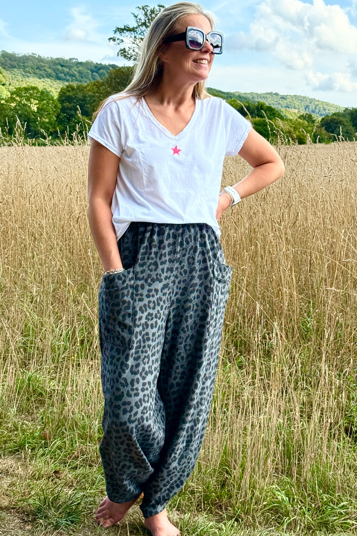 Gabriella Cotton Leo Print Barrel Leg Joggers