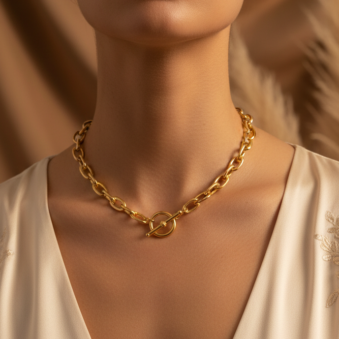 A gold-colored metal chain link bracelet with a toggle clasp, displayed on a white surface.