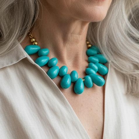 A close-up of a woman wearing a chunky turquoise beaded statement necklace with small gold bead accents, paired with a light beige blouse.