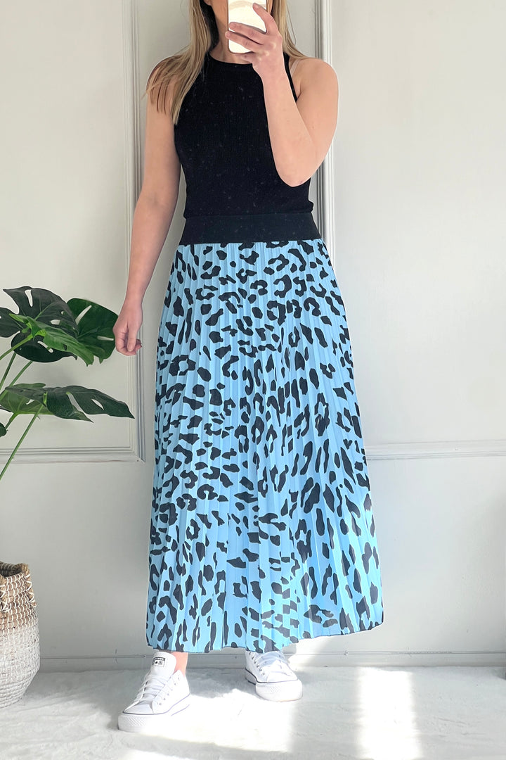 Anya Pleated Leopard Maxi Skirt | Sky Blue
