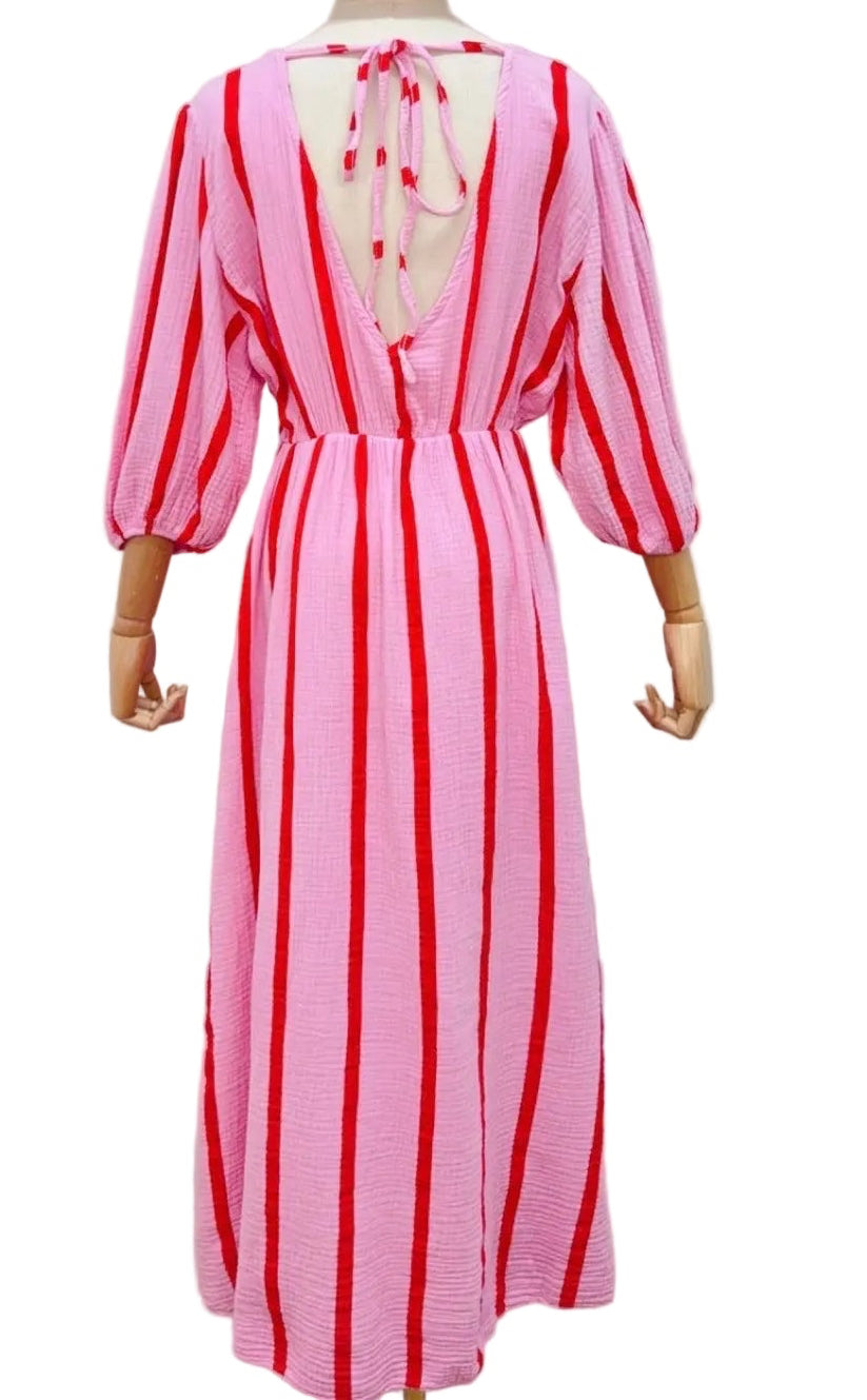 Davinia Pink Stripe Cheesecloth Cotton Dress