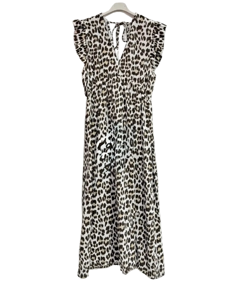 Leopard print dress on a hanger against a white background