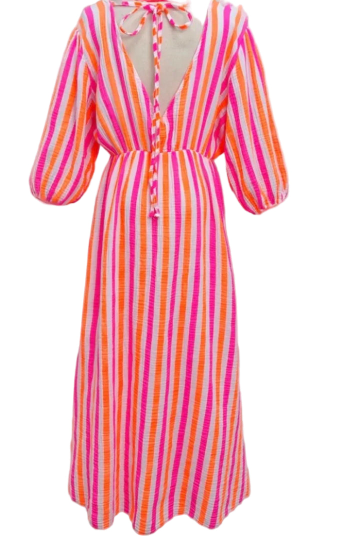 Davinia Neon Pink & Orange Stripe Cheesecloth Cotton Dress