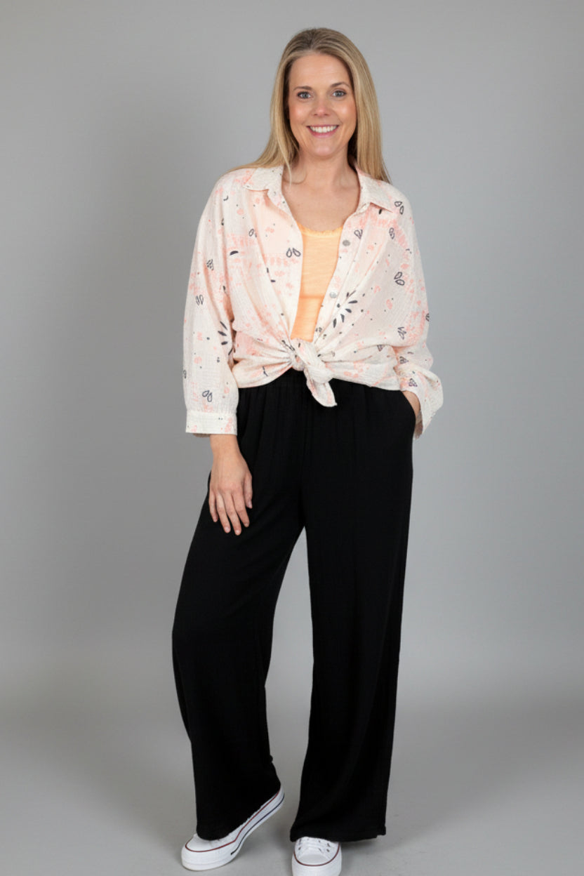 Lucie Plain Cheesecloth Cotton Trousers (Black or Navy)