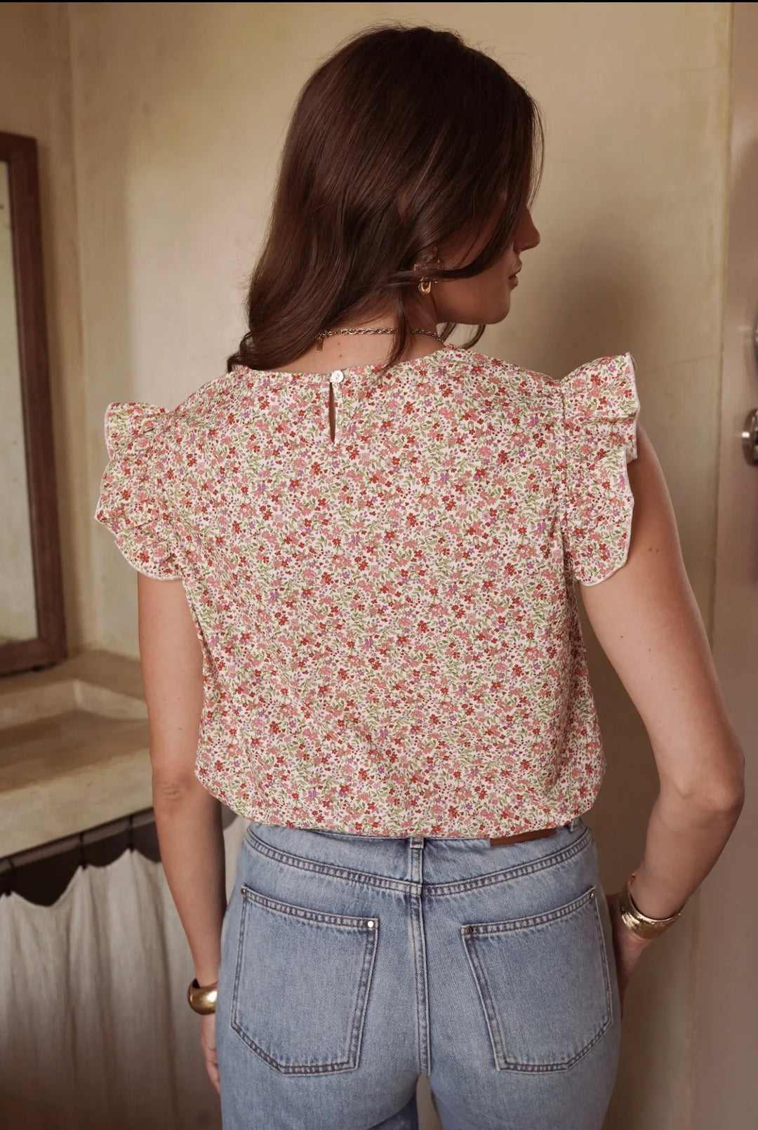 Deliah Ditsy Print Frill Cap Sleeve Top