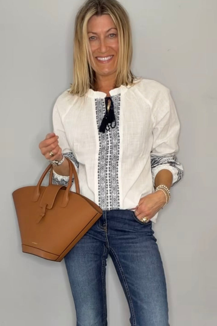 Amber Tie Top Embroidered Blouse