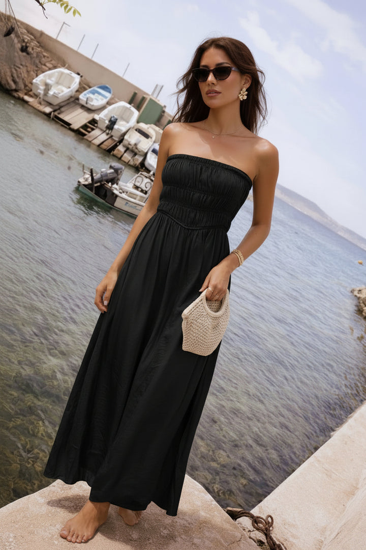 khaki boob tube dress on a girl on shore line