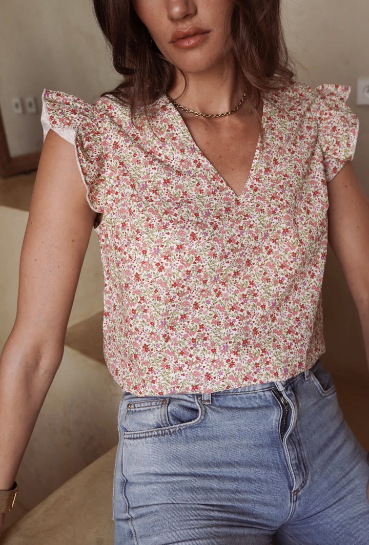 Deliah Ditsy Print Frill Cap Sleeve Top