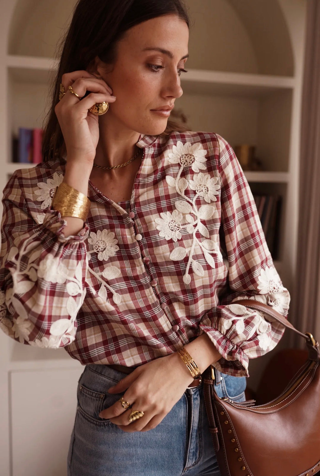 Dakota Berry Check Embroidered Blouse