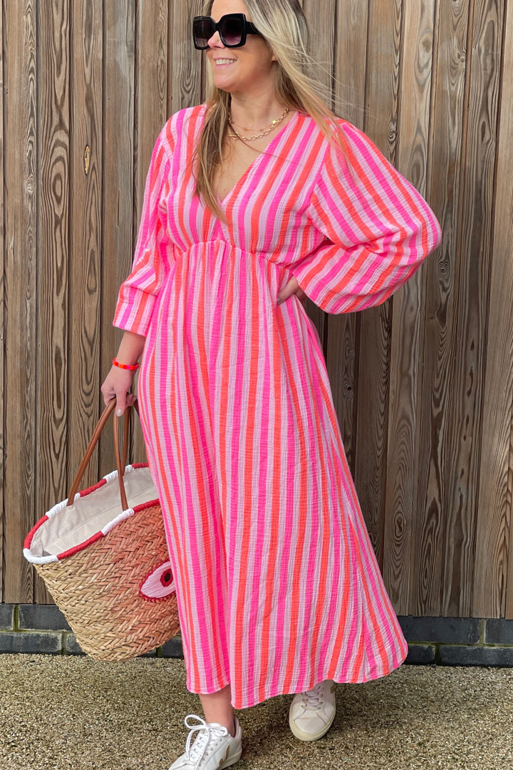 Beth Cheesecloth Cotton Dress | Pink X Orange Stripe