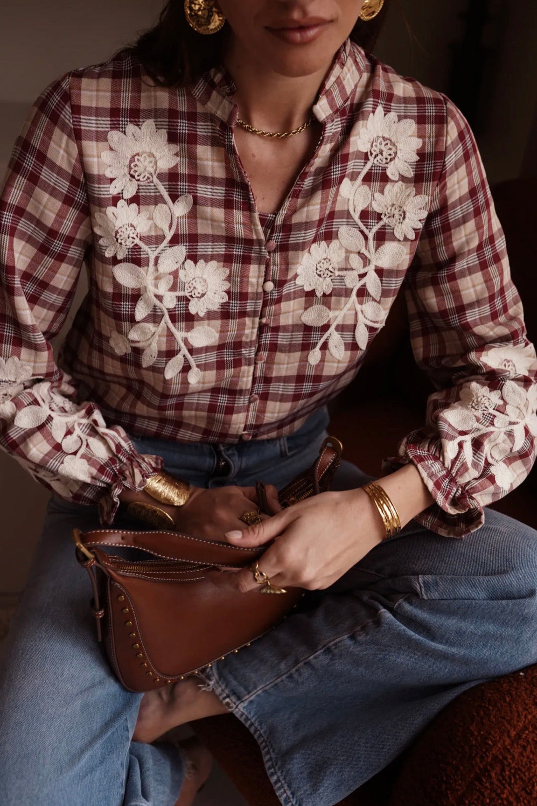 Dakota Berry Check Embroidered Blouse