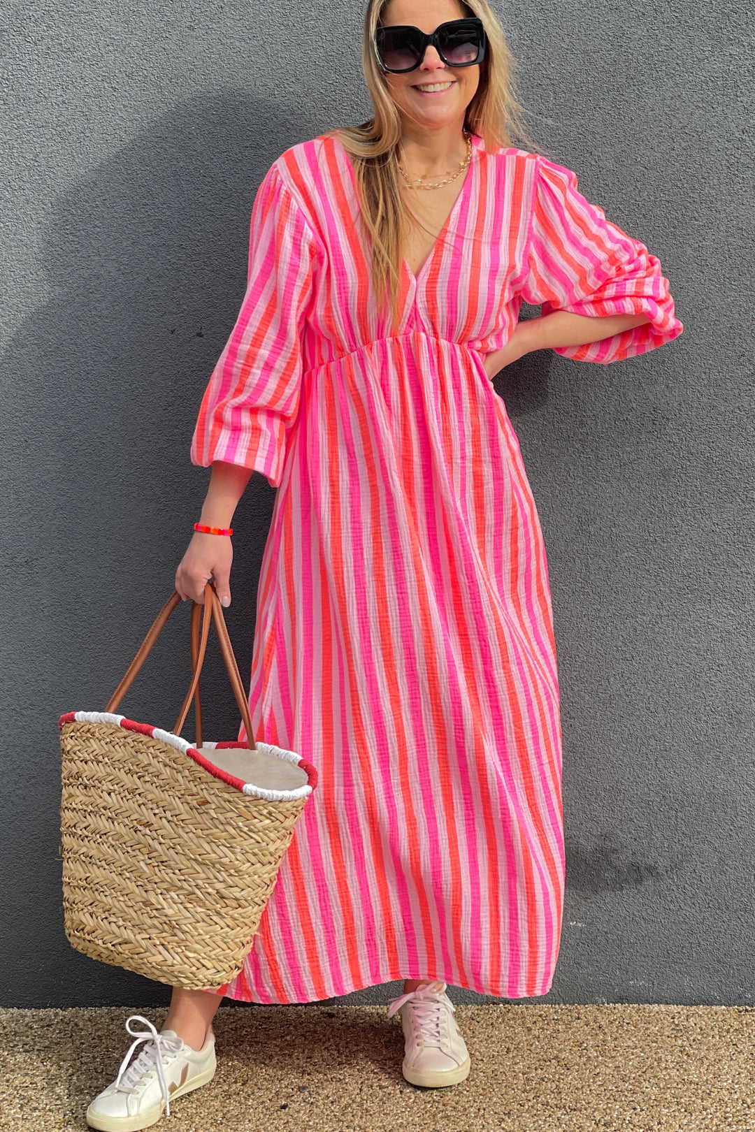 Beth Cheesecloth Cotton Dress | Pink X Orange Stripe