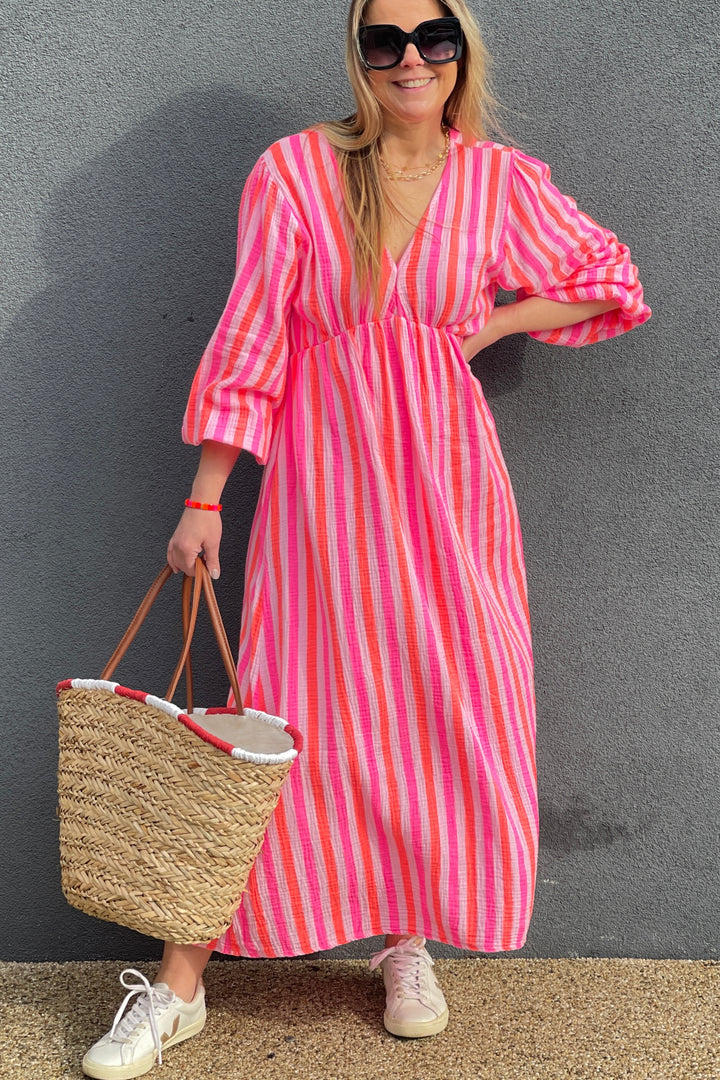 Beth Cheesecloth Cotton Dress | Pink X Orange Stripe