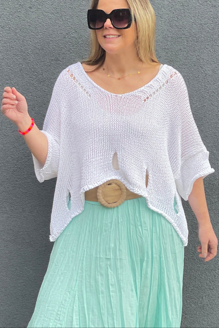 Cassie Summer Knit V Neck Top | White