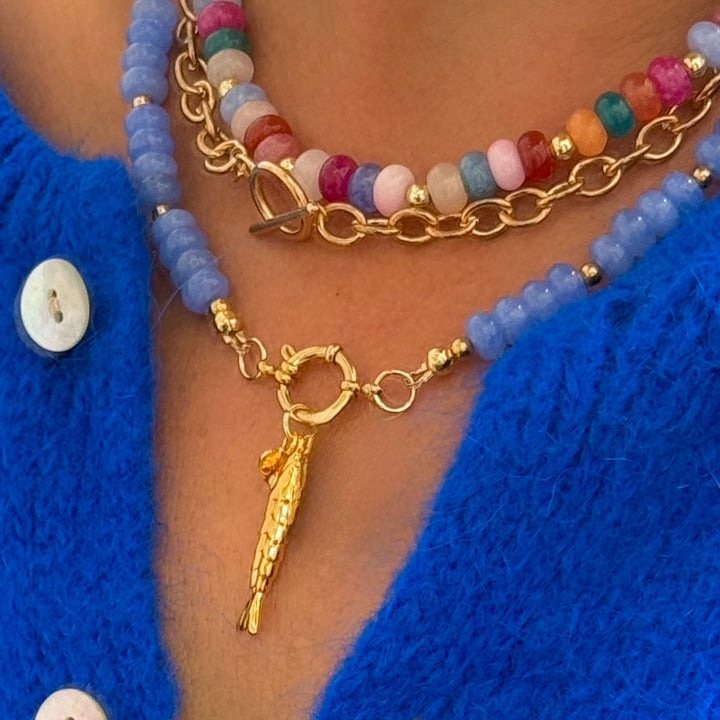 Fish & Heart Charm Beaded Boho Stone Necklace (Aquamarine)