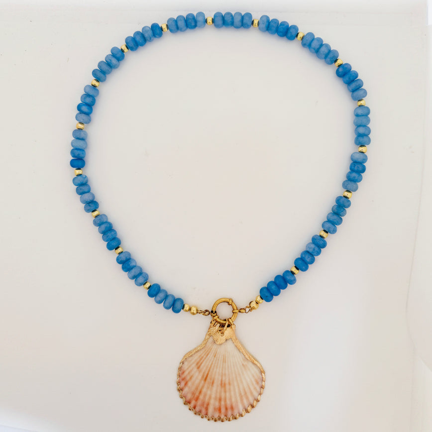 semi precious beaded necklace with statement gold shell charm