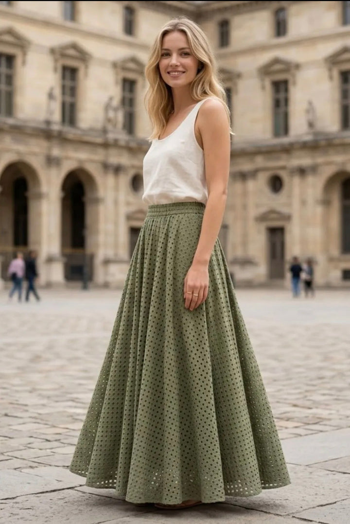 Bonnie Broderie Maxi Skirt (White or Khaki)