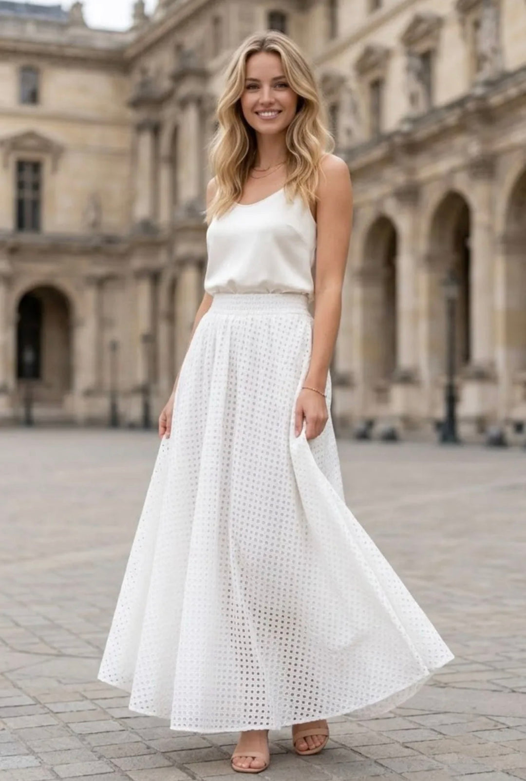 Bonnie Broderie Maxi Skirt (White or Khaki)