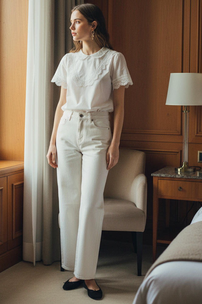 A woman stands by a window in a warm wood-paneled room, wearing a white short-sleeve blouse with delicate lace detailing at the collar and cuffs, paired with white straight-leg trousers and black flats.