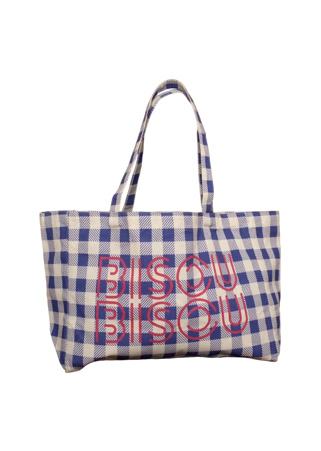 Blue and white checkered bag with 'BISOU BISOU' text on a wooden surface.