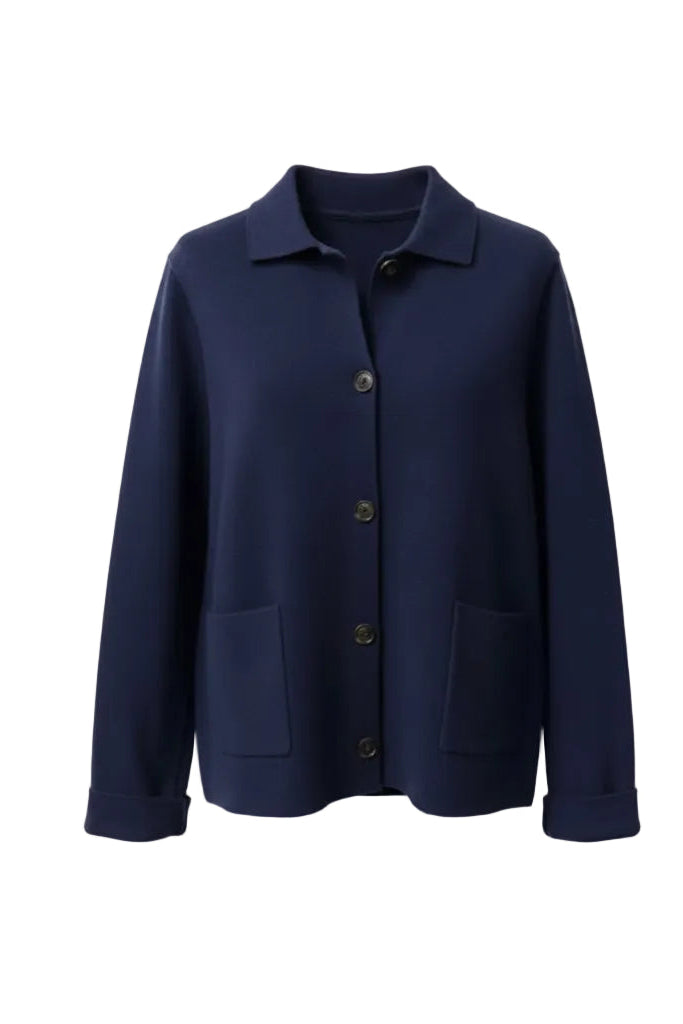 Navy blue jacket with button details on a white background