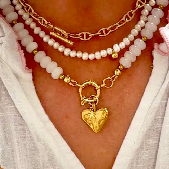 Heart & Star Charm Beaded Boho Stone Necklace (Crystal)