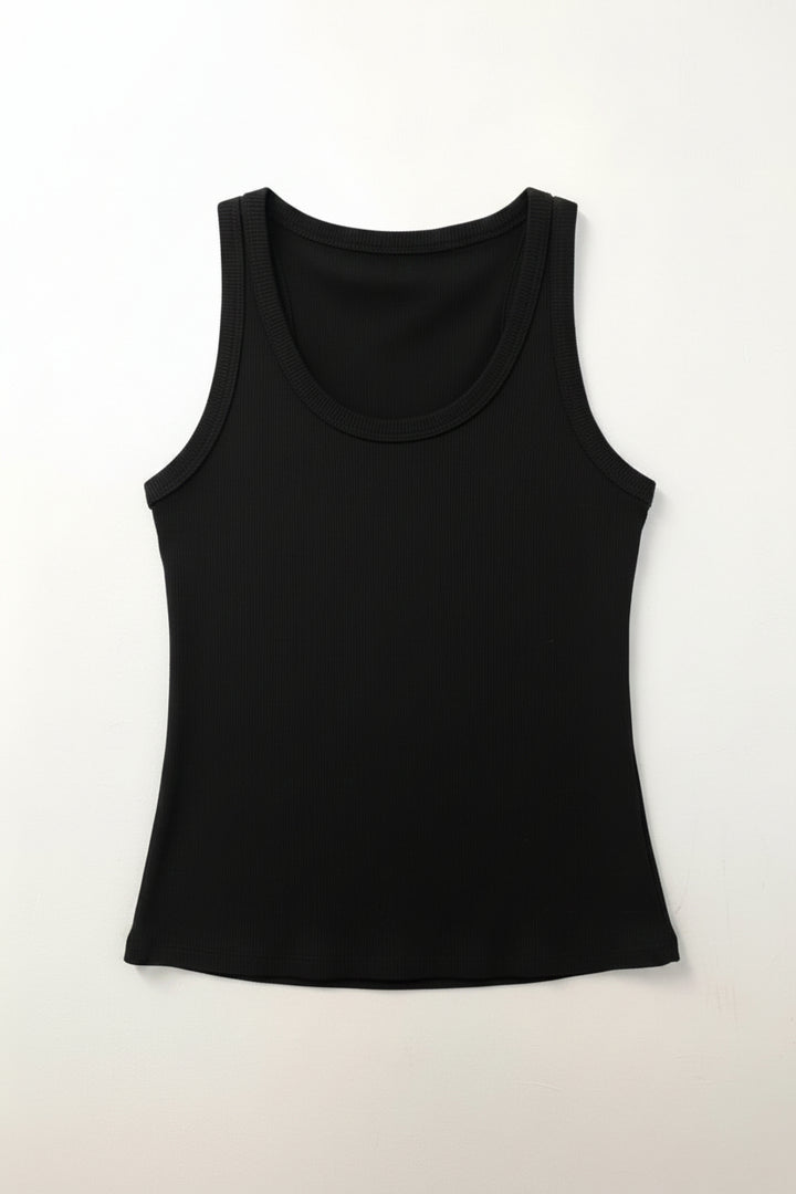 Black tank top on a wooden hanger against a white background