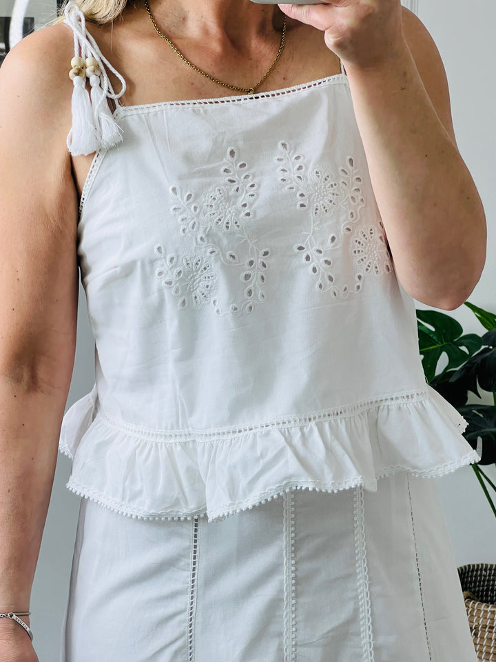 Eva Embroidered Tie Tassel Top