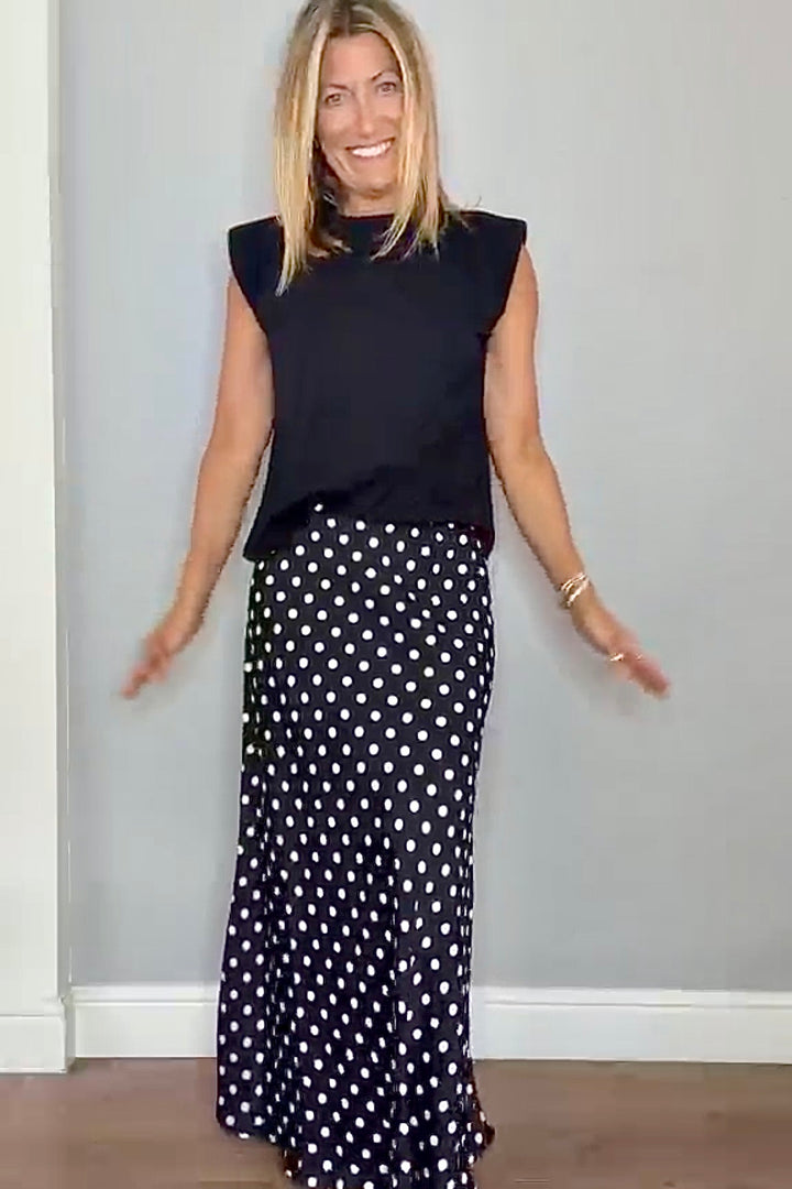 Sarah Polka Dot Slip Silk Blend Skirt (Black x White)