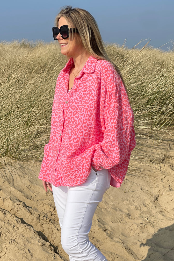 Sian Cotton Oversize Blouse | Coral Leopard