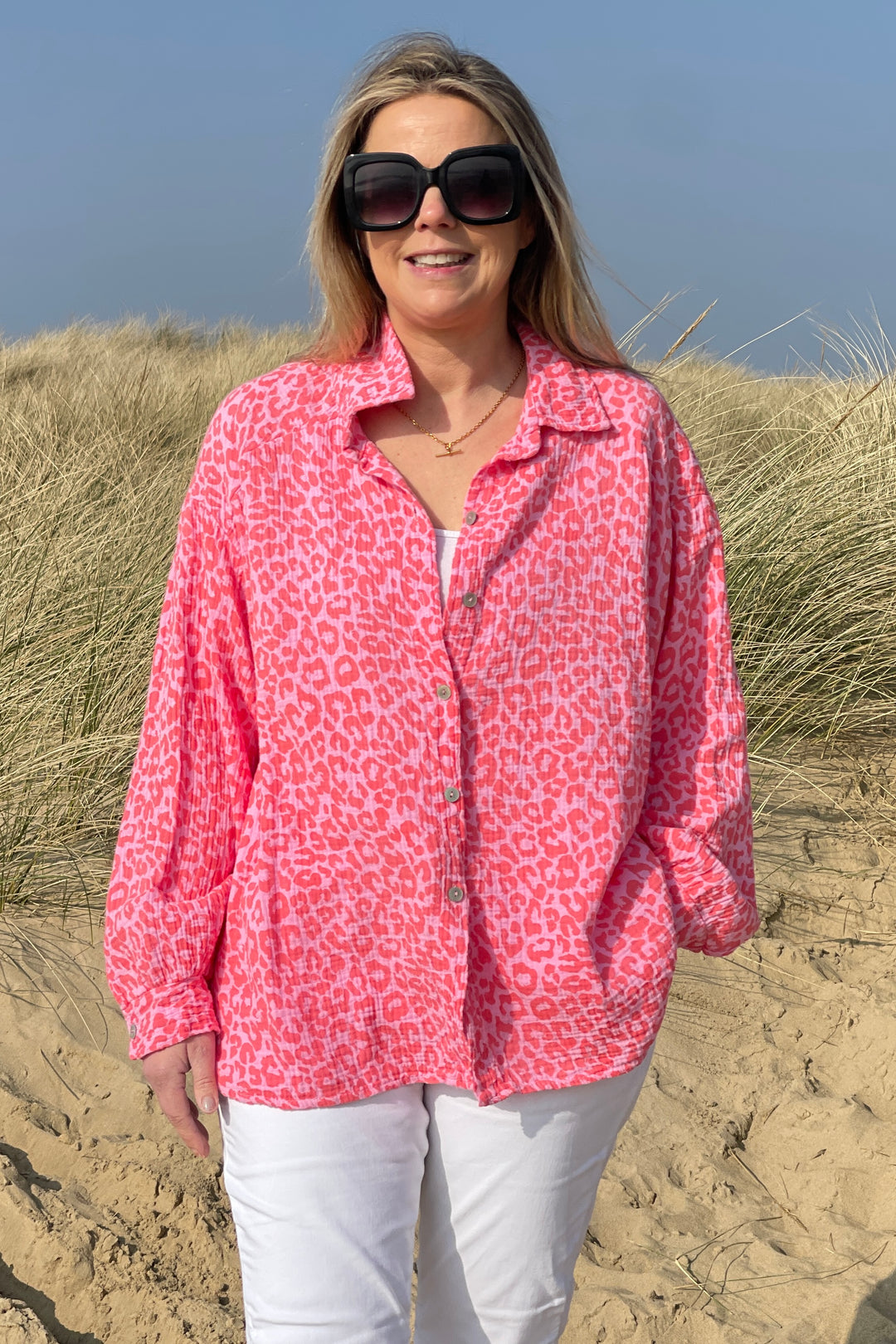 Sian Cotton Oversize Blouse | Coral Leopard