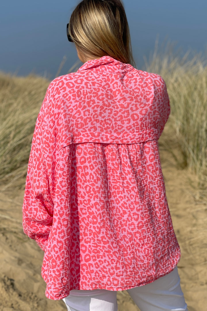 Sian Cotton Oversize Blouse | Coral Leopard