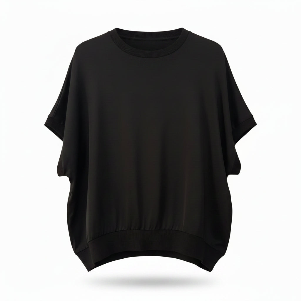 Black top on a wooden hanger against a white background