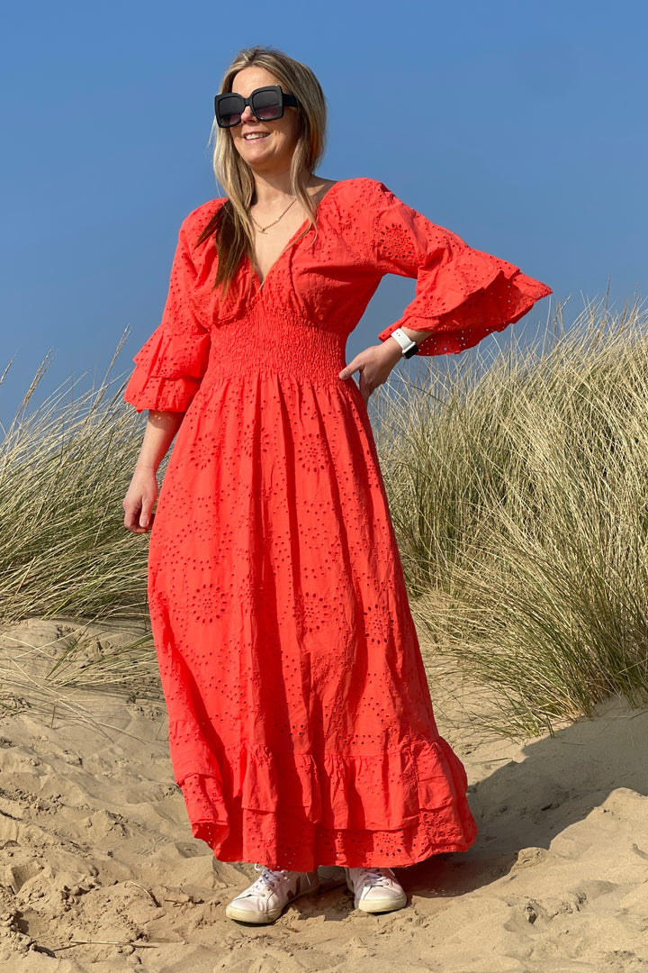 Amalfi Broderie Maxi Dress | Coral