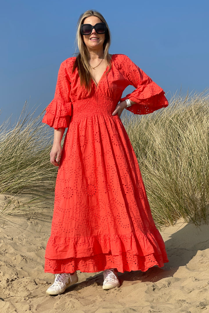 Amalfi Broderie Maxi Dress | Coral