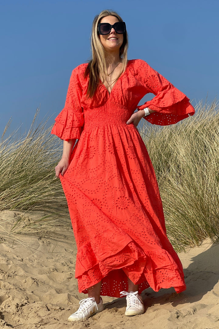 Amalfi Broderie Maxi Dress | Coral